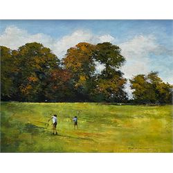 Maurice William Crawshaw (British 1947-): 'The Butterfly Hunters', acrylic on board signed, titled verso 34cm x 44cm