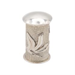 Modern silver cream jug, of circular form with gilt interior, gilt spiral decoration and planished finish throughout, the curved handle with berry detail to base, together with a silver cocktail spoon, with twist handle and a small pin box of cylindrical form, embossed with foliate decoration, all hallmarked Jonathan Braganza, London 2012 and 2013, cream jug H6cm