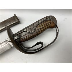 WW2 Japanese Model 1899 Type 32 'Ko' pattern cavalry sword, with 82.5cm single edged, slightly curved blade with narrow fuller, numbered 33825 to the ricasso; steel hilt with chequered backstrap and grip ears with wooden chequered grip and leather finger loop; locking action; in steel scabbard with single hanging ring L99.5cm overall