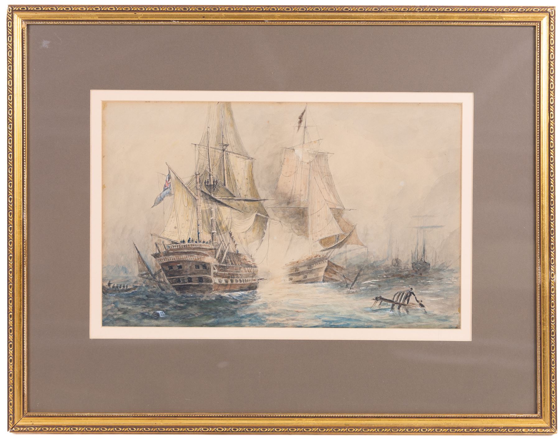 English School (Early 20th century): British Man o War in Battle, watercolour unsigned 23cm x 37cm 