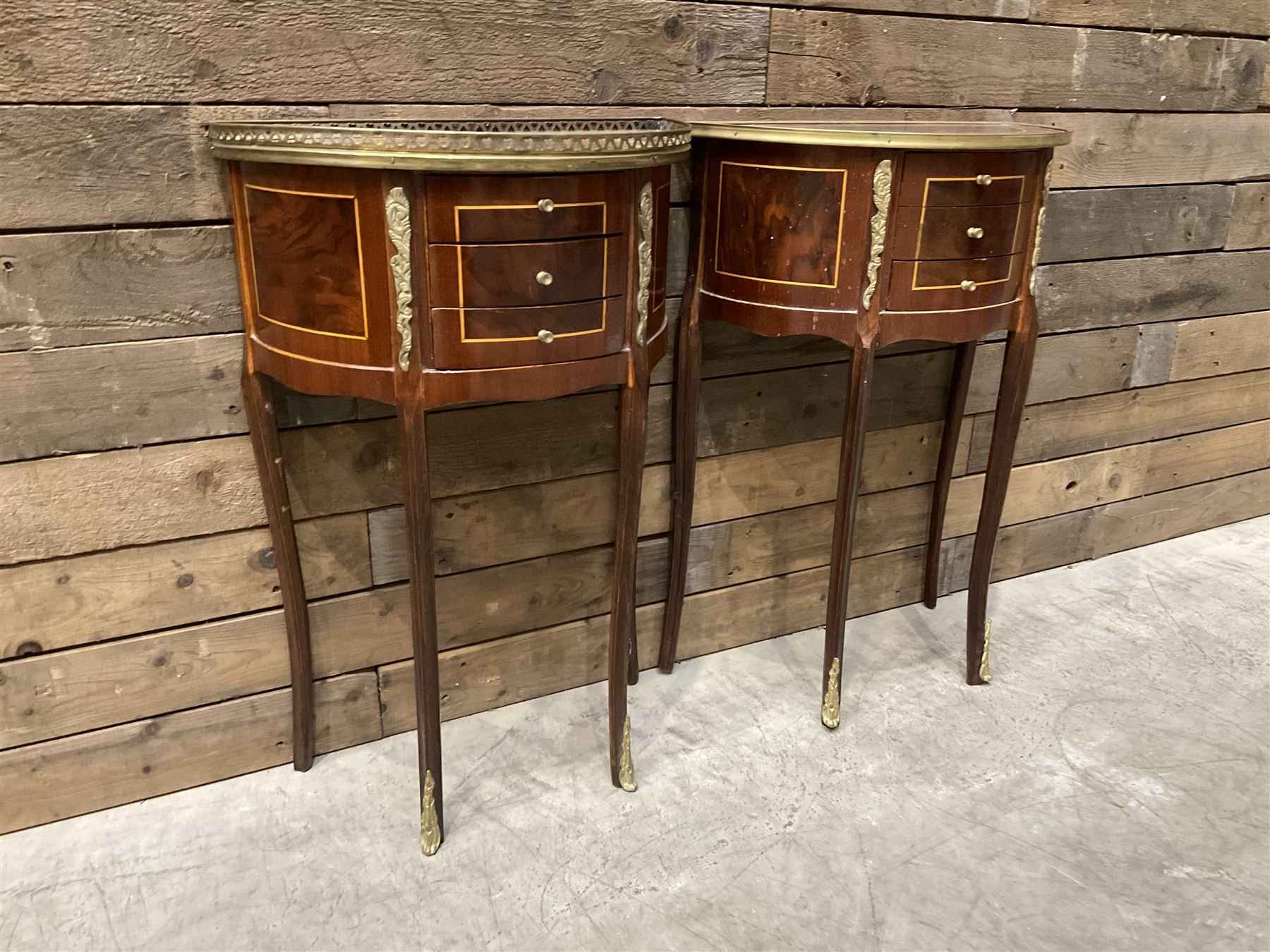 Pair French Louis XVI design demi lune side table, three drawers, on shaped cabriole legs