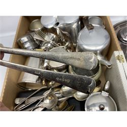 Collection of silver plate to include teapots, coffee pots, milk jug, sucrier, serving spoons, etc, together with pewter tankards 