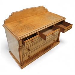 William Snowdon of Rochdale (fl.1876-1886) - Victorian sycamore chest of drawers, rectangular top with shaped gallery back above an arrangement of three short and three long drawers, each with moulded borders and turned wooden pulls, flanked by carved upright corbels, on a plinth base (99cm height including gallery)