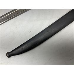 French Model 1866 Chassepot bayonet with 57cm curving fullered steel blade dated 1873 No.L63963; in steel scabbard with conforming number L71.5cm overall; and French St. Etienne Gras bayonet dated 1878 No.K10674 in steel scabbard numbered 79437 (2)