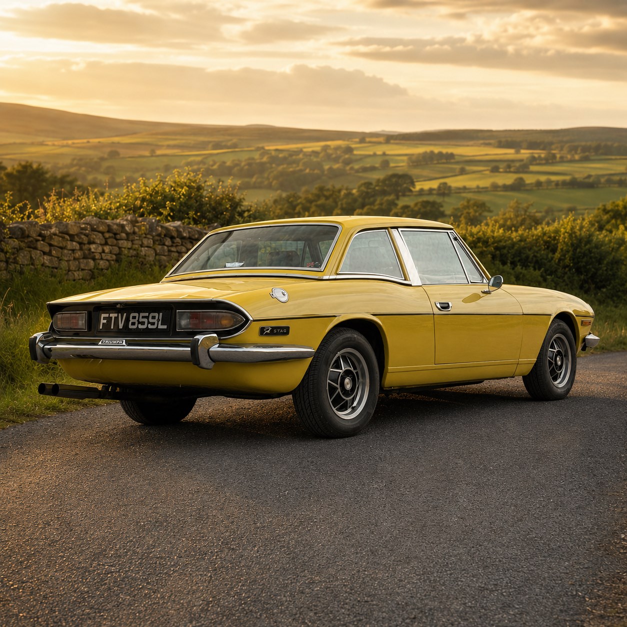 1973 Triumph Stag Mk II 3.0 V8 Manual with Overdrive

Registration: FTV 859L
Date of first registration: 8th March 1973
Recorded mileage: approximately 50,000 miles
Engine: 2,997cc petrol V8
Transmission: four-speed manual with overdrive

An attractive manual-overdrive example of Triumph’s celebrated V8 grand tourer, finished in yellow and supplied with both a removable hardtop and folding soft top.

The car has been the subject of extensive restoration and mechanical work, supported by a large history file containing invoices, notes and photographs documenting the work undertaken. The accompanying records indicate that the engine was rebuilt at approximately 36,000 miles, including re-boring of the block, checking and machining of the top faces, and steam cleaning following machining.

Further work and replacement parts are understood to include an upgraded radiator, electric cooling fan, Stag Webber header tank kit, complete set of cooling hoses and clips, fuel pump and filters, alternator, distributor cap, HT leads, spark plugs, front brake calipers and hoses, rear brake cylinders, tyres, front lights and LED bulbs. Various seals, interior trim items and seat components have also reportedly been renewed.

The car is believed to have been dry-stored from 1994 until 2017, with a substantial programme of recommissioning and improvement subsequently undertaken between 2017 and 2023. The history file also includes earlier MOT certificates dating from 1988 to 1994.

Offered with its V5C, hardtop, soft top, extensive restoration and maintenance history, photographic record and a quantity of useful spare parts, including a new dashboard veneer set.