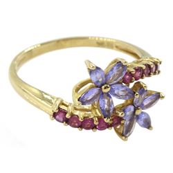 9ct gold marquise shaped tanzanite and pink stone set flower crossover ring, hallmarked