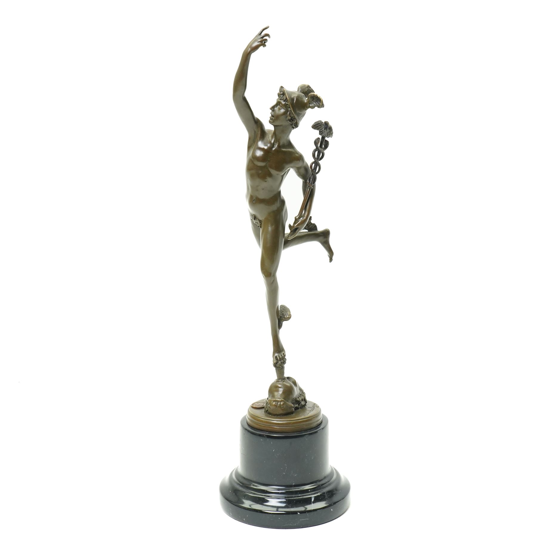 After Giambologna - Bronze figure of Mercury/Hermes with foundry mark on marble base H43cm