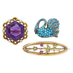 Early 20th century 15ct gold amethyst and split pearl hexagon shaped brooch, silver cabochon turquoise swan brooch and a 9ct gold pink stone and split pearl oval flower brooch