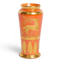 Royal Doulton orange lustre vase, decorated  with gilt figure hunting a stag, above a  boa...