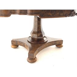 Victorian and later highly figured walnut table, shaped moulded tilt top with quarter matched veneer, the skirt decorated with carved scroll mounts, faceted baluster column on platform, turned feet with recessed castors