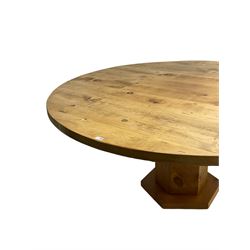 Large rustic waxed pine dining table, circular top on hexagonal pedestal