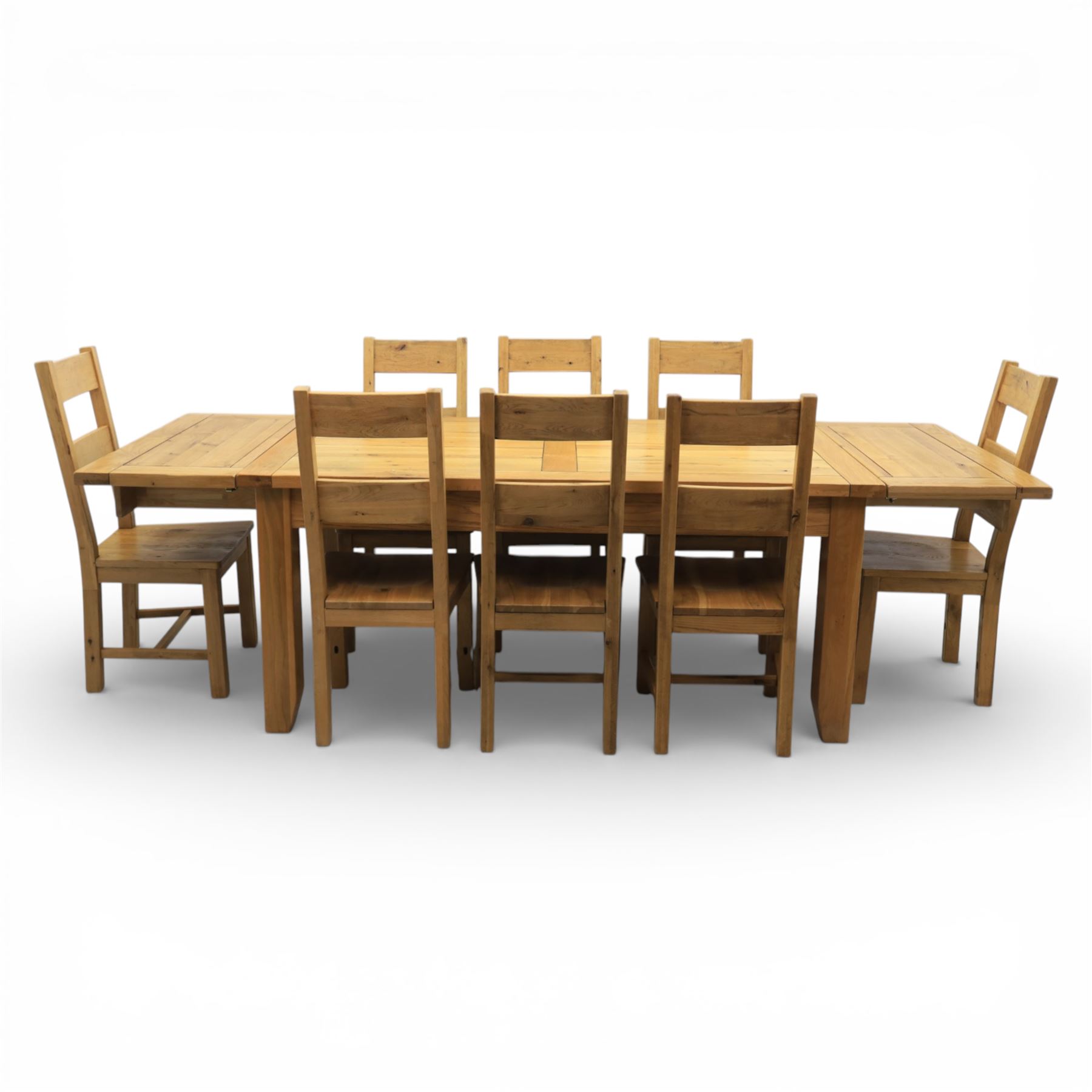 Modern light oak rectangular dining table, and eight high back chairs, stowable leaves extending to 270cm