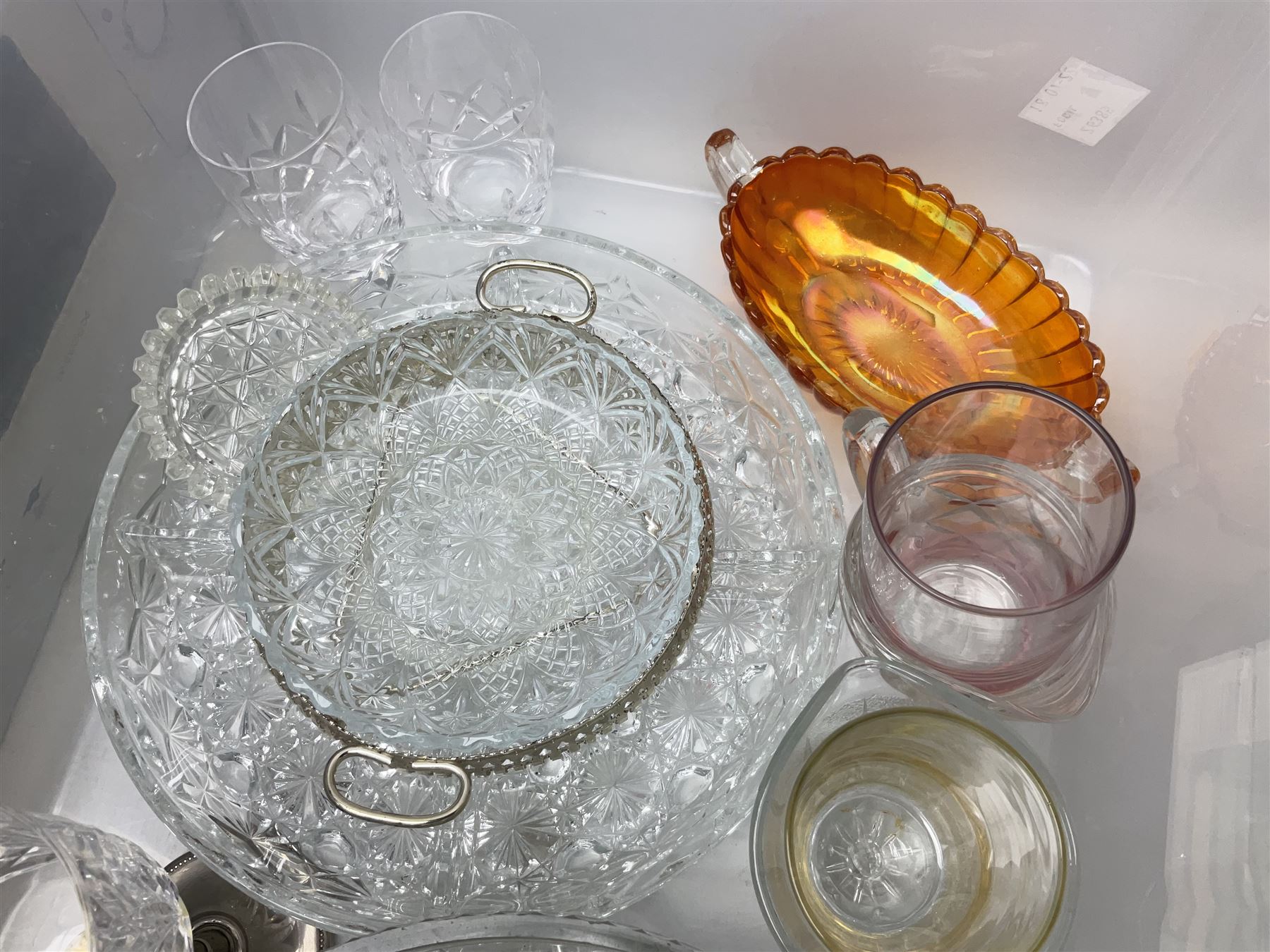 Three boxes of glassware to include mid 20th century drinking glasses with geometric and banded coloured decoration, French bowls, carnival glass, Stuart drinking glasses, etc