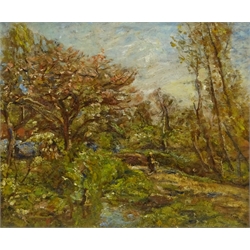  William (Fred) Frederick Mayor (Staithes Group 1866-1916): Figure in Wooded Landscape, oil on board unsigned 36cm x 44cm Provenance: direct family decent until 2003, the Mayor Gallery with certificate verso signed by grandson James, with T B & R Jordan Stockton-on-Tees, private collection   