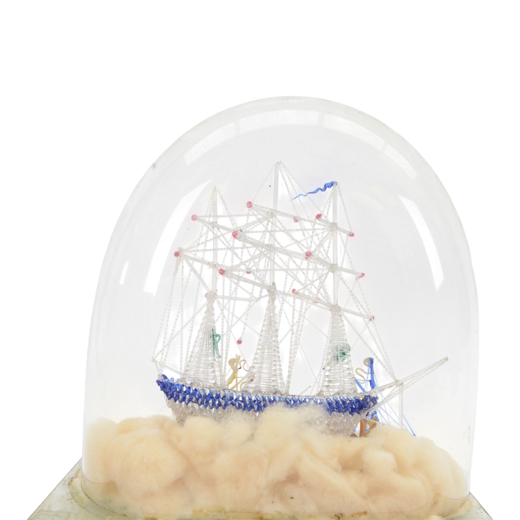 Victorian glass frigger of a three mast ship and a smaller ship under a glass dome, H38cm