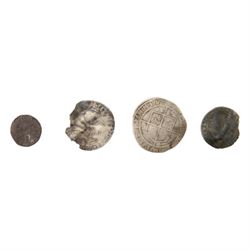 Three Elizabeth I coins, comprising 1572 threepence, 1582 sixpence, and groat (date rubbed...