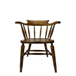 19th century elm and beech Captains elbow chair, turned supports joined by H stretcher