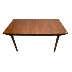Tom Robertson for AH McIntosh & Co of Kirkaldy - mid-20th century teak extending dining table, rectangular top with rounded corners, concealed integrated double leaf, raised on tapered supports, metal label to underside of leaf