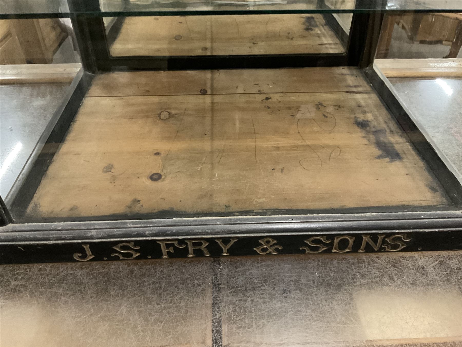 J S Fry & Sons - Victorian glazed and ebonised chocolate countertop display cabinet, fitted with single mirror back door to the rear enclosing two glass shelves, engraved gilt typeface to base - THIS LOT IS TO BE COLLECTED BY APPOINTMENT FROM THE OLD BUFFER DEPOT, MELBOURNE PLACE, SOWERBY, THIRSK, YO7 1QY