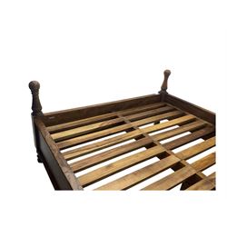 Contemporary mango wood bed frame, comprising an arched panelled headboard and footboard with inlaid geometric patterns, turned posts with spherical finials, and complete with side rails and slatted base