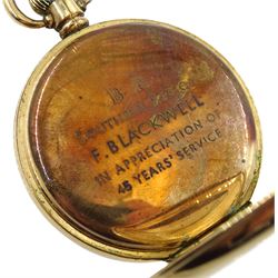 Vertex Revue gold-plated open face, key wound 15 jewels lever, railroad presentation pocket watch, white enamel dial with Roman numerals, case by Dennison, inner dust cover inscribed 'B R Southern Region F. Blackwell in Appreciation of 45 Years Service', 