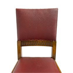 Mid-20th century set seven (6+1) oak barley twist dining chairs, upholstered back and drop in seat, on spiral turned front supports joined by H-shaped stretchers