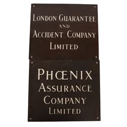 Framed County Fire Office brass plaque, inscribed in red enamelled letters 'Agent County Fire Office Founded 1806', overall 26cm x 51cm, together with Phoenix Assurance Co Ltd copper letter box cover, 7cm x 45.5cm, and two bronze signs, the first detailed 'Phoenix Assurance Company Limited', the second 'London Guarantee and Accident Company Limited' second example 21.5cm x 25cm 