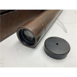 Early 20th century brass and black japanned gunsighting telescope inscribed 'G.S. Telescope X8 No.2127 W.G. Pye & Co Cambridge 1918 No.18' with X graticule to lens L53cm; in wooden box marked 'Gunsighting Telescope'