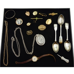 Silver Victorian style large locket by Joseph Smith & Sons, Birmingham 1976, on chain stamped 925, Swiss 9ct gold ladies wristwatch, London import marks 1921 on leather strap, three Victorian silver teaspoons hallmarked and other Victorian and later gilt jewellery  