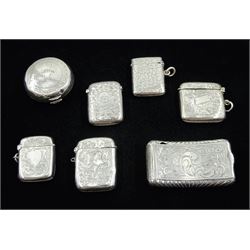 Five Victorian and early 20th century silver vesta cases, two Dutch silver boxes, all hallmarked, approx  5.2oz