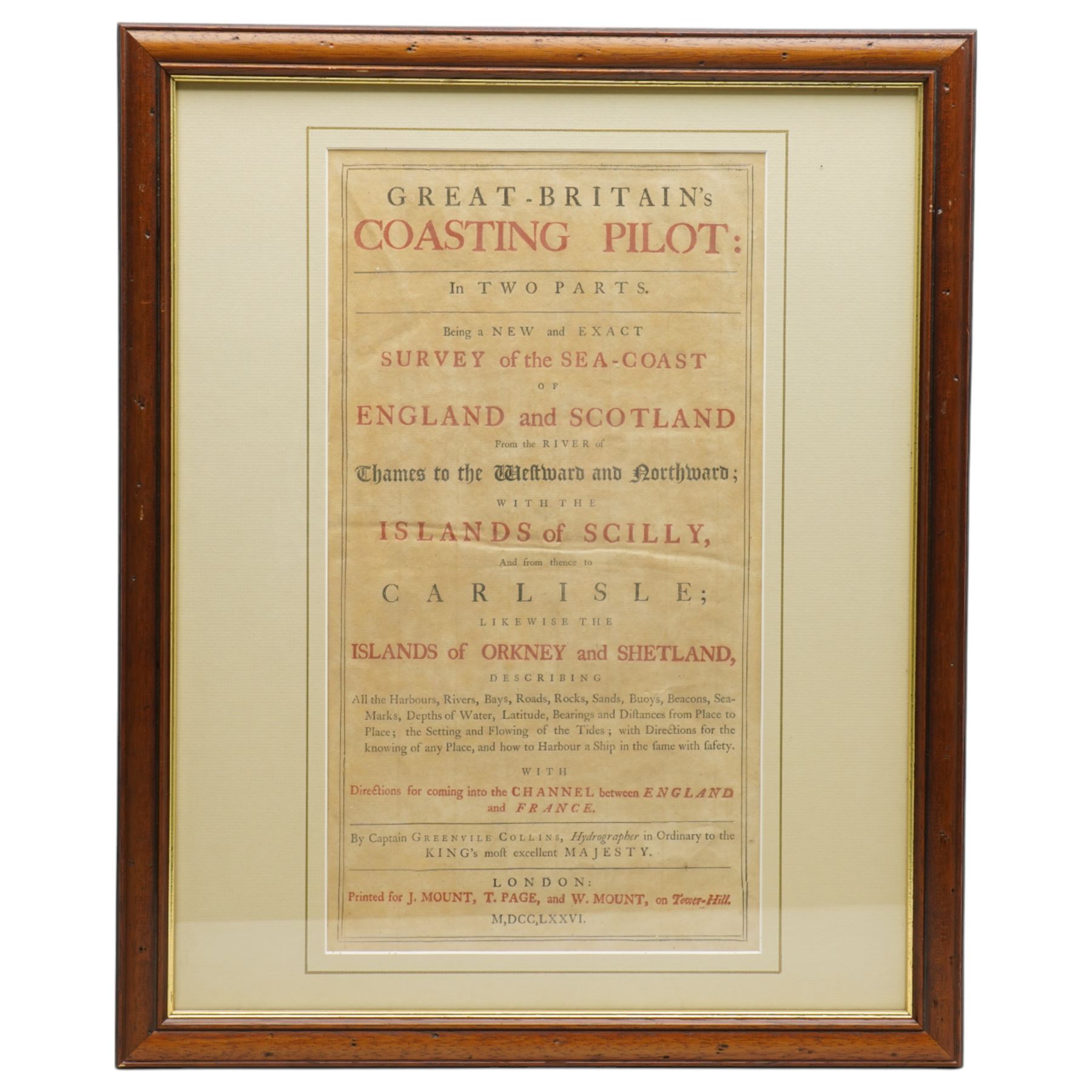 Francis Lamb (British fl.1667-1701): Frontispiece for 'Great Britain’s Coasting Pilot' by Capt. Greenville Collins depicting Britannia and Neptune flanking the title above mermen and mermaids presenting a chart of Great Britain, all surmounted by the Royal Arms, late 17th century engraving with hand-colouring pub. 1693, together with the associated letter press page, 42cm x 47cm (2)