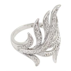 9ct white gold diamond set fern leaf ring, hallmarked