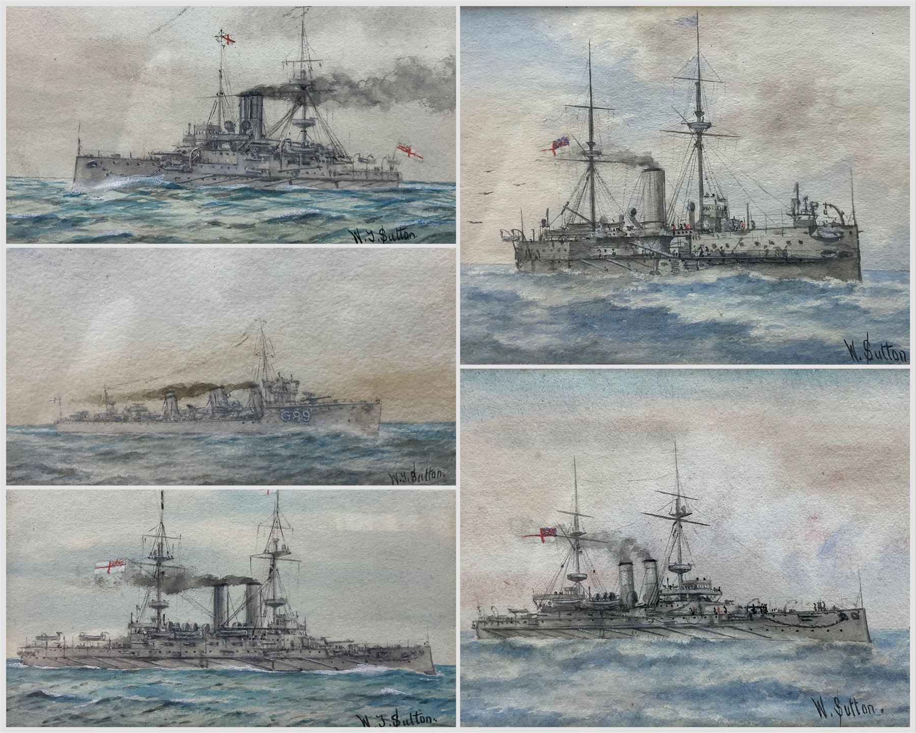W J Sutton (British 19th/20th Century): 'HMS - Ocean, Colossus, Barfleur, Rosalind, Bulwark', set of five watercolours signed, two titled on mount the others inscribed verso 8cm x 12cm (5)