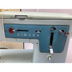 1960s model 347 Singer sewing machine, in baby blue colourway with pedal and original case