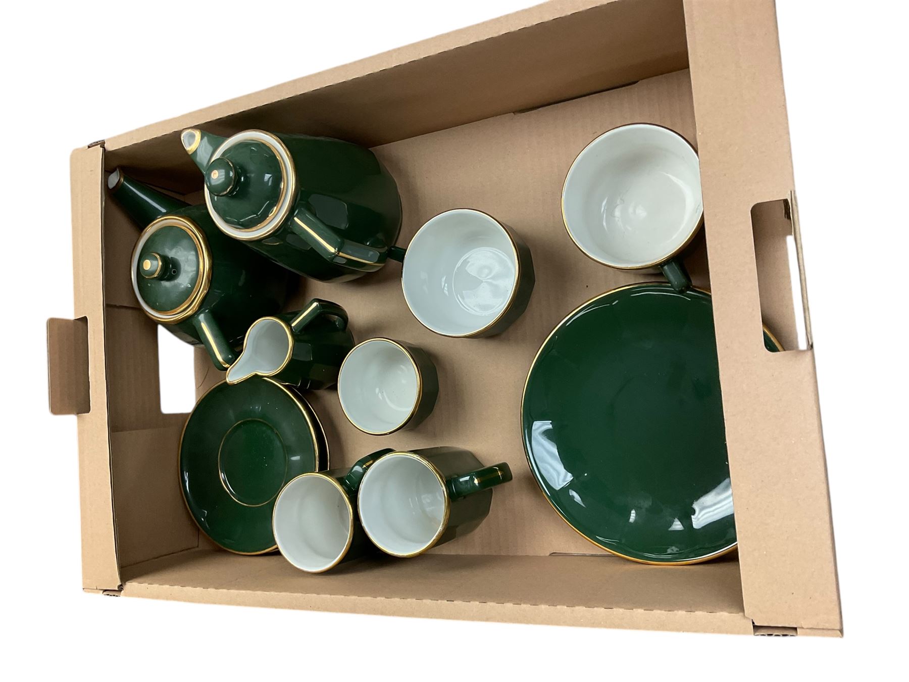 Apilco tea service for two, comprising teapot, coffee pot, milk jug, open sucrier, mugs, cups and saucers, with one side plate   