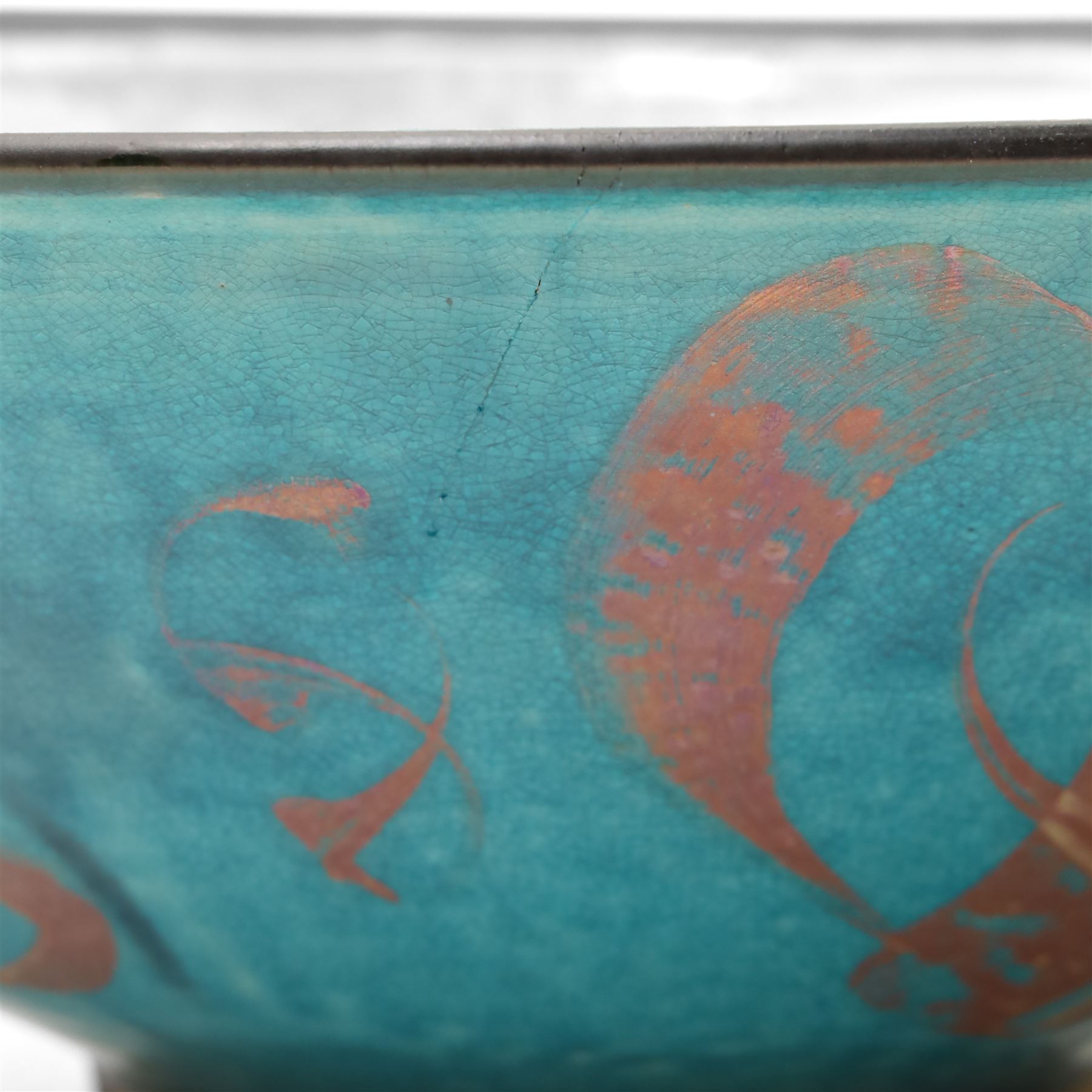 Large Crowan Pottery bread crock, H30cm; together with a studio pottery oval shallow dish, D52cm, and an Alan Caiger-Smith bowl, D42cm, variously marked and inscribed (3)