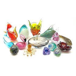 A group of Art Glass, to include various animal figures, comprising penguin, flamingo, and four fish, two Caithness paperweights, other paperweights, air bubble dish, tow Kosta Boda glass bowls, vase, etc. 