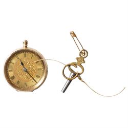 19th / early 20th century 14ct gold cylinder fob watch, gilt dial with Roman numeral hour markers