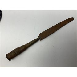 WW1 Short & Mason Ltd 'The Magnapole' black japanned brass field compass in leather carrying case; WW1 trench art paper knife inscribed Dixmude; and small quantity of cloth badges etc