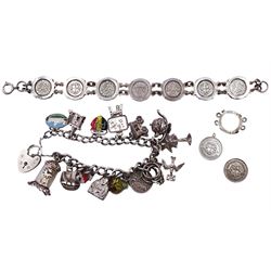 Silver charm bracelet including teapot, caravan, clock, viking boat and easel and a silver coin bracelet