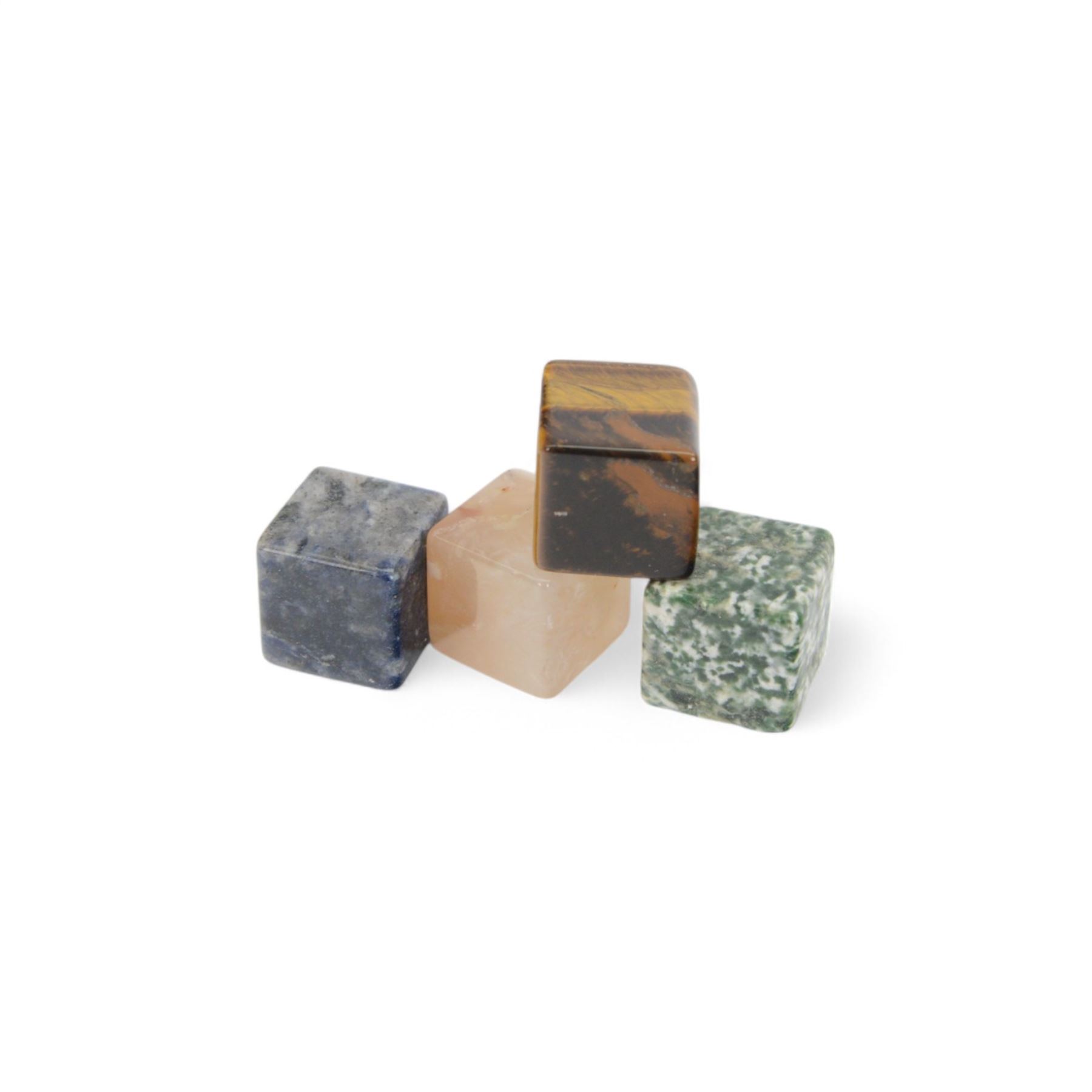 Fifteen cube mineral specimens, each cut and polished to highlight natural formations, including tiger eye, black obsidian, green aventurine, rose quartz, opalite, rhodonite etc, H2cm