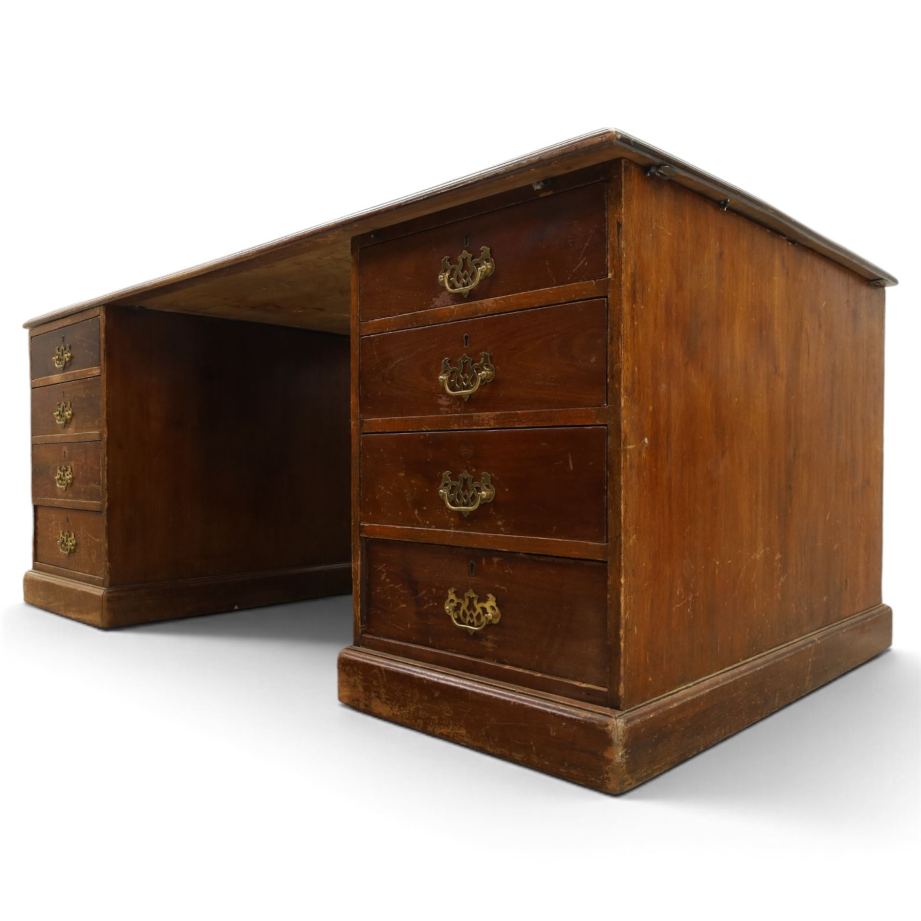 Edwardian mahogany office desk, recatangular top with green inset leather writing surface, fitted with two banks of four drawers, brass swan neck handles with ornate backplates