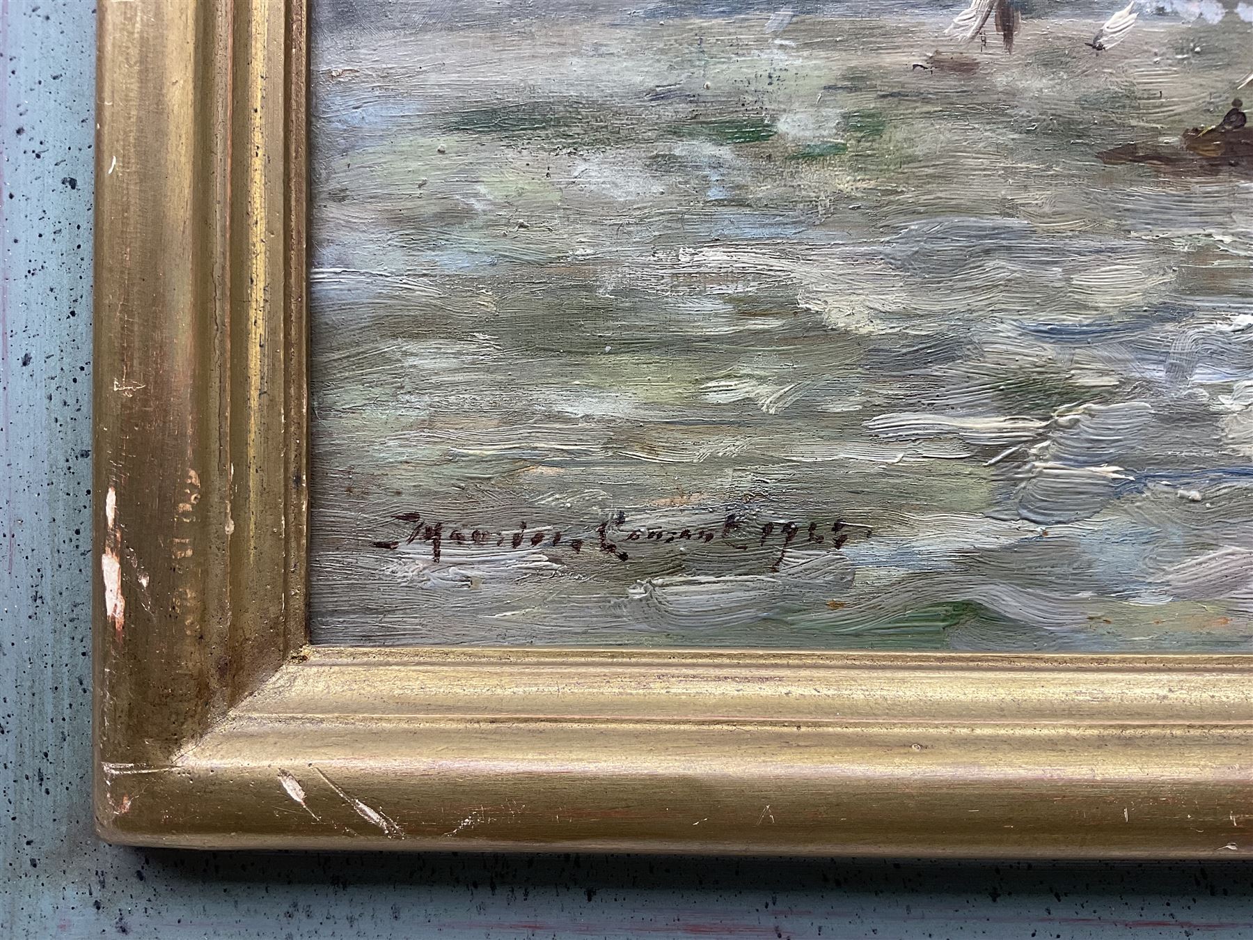 Maurice Courant (French 1847-1925): Sail Boats Off the French Coast, oil on board signed and dated 1923, 23cm x 33cm 