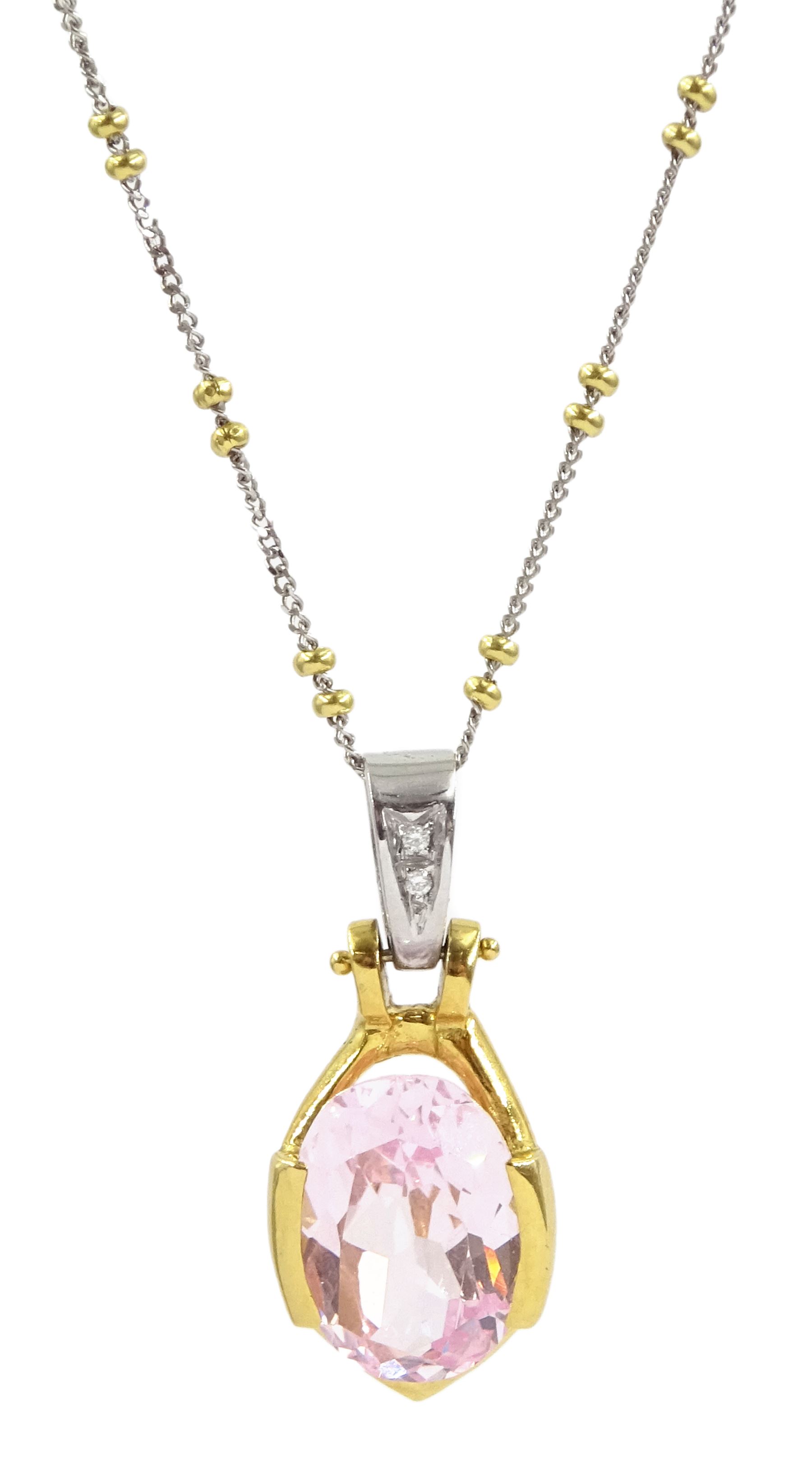 18ct white and yellow gold oval light pink sapphire and diamond pendant necklace, stamped 750, sapphire approx 6.80 carat