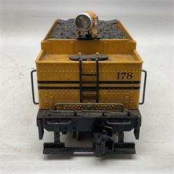 Bachmann G scale, gauge 1 4-6-0 tank locomotive in yellow and black livery, numbered 178 to cab and 8 wheel bogie Denver and Rio Grande Western tender, unboxed 