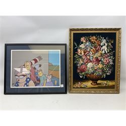 After Pete McKee (British 1966-): Picnic and Going to the Beach, pair colour prints 56cm x 42cm together with cartoon of dogs and five other prints and originals including caricature watercolour of 'Top Tec' (8)