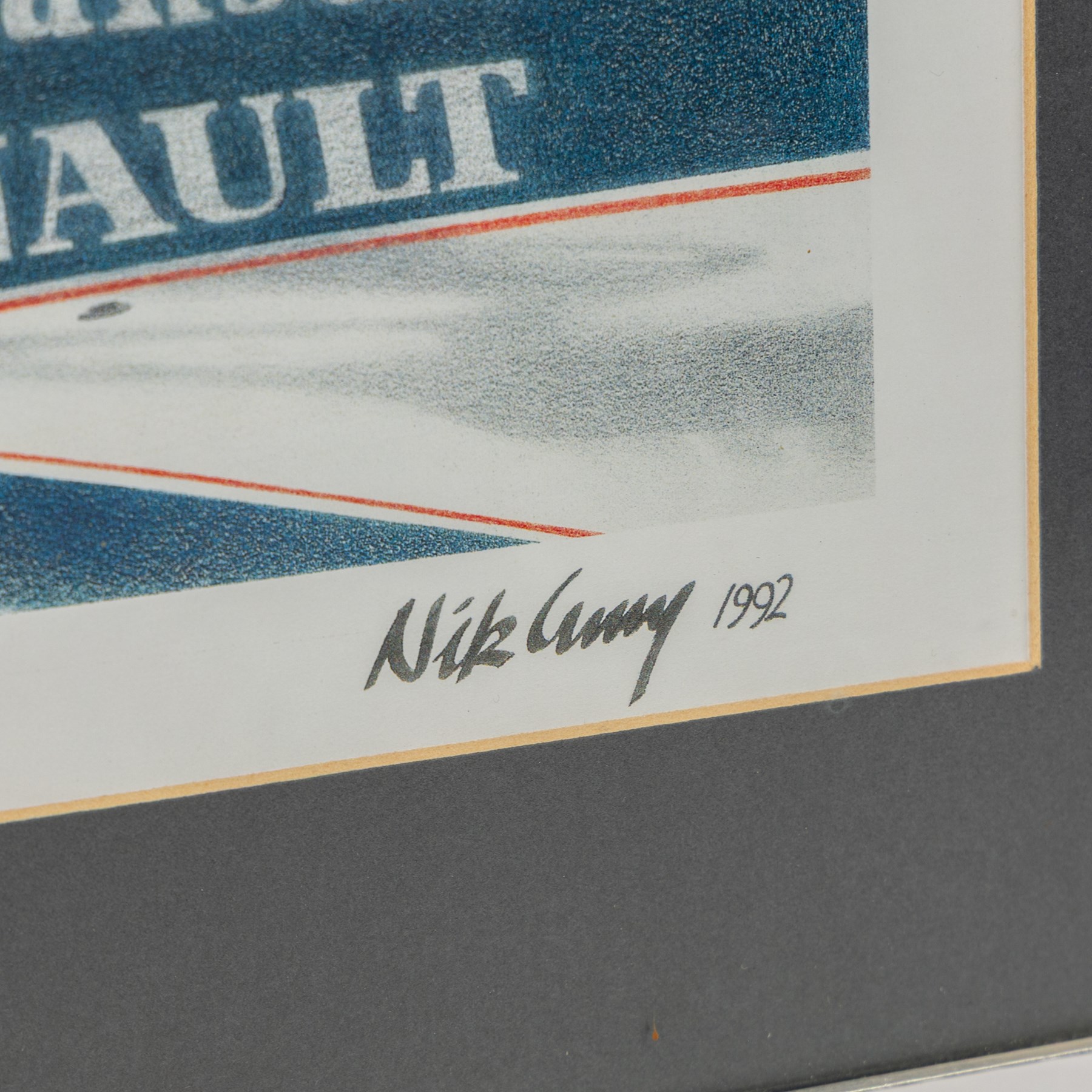 Three Formula 1 racing prints, including Nigel Mansell example signed by Nik Curry, Nigel Mansell 'Inside View' by Karen Johnson, and a Ray Goldsborough example, all framed, largest H38cm, W55cm