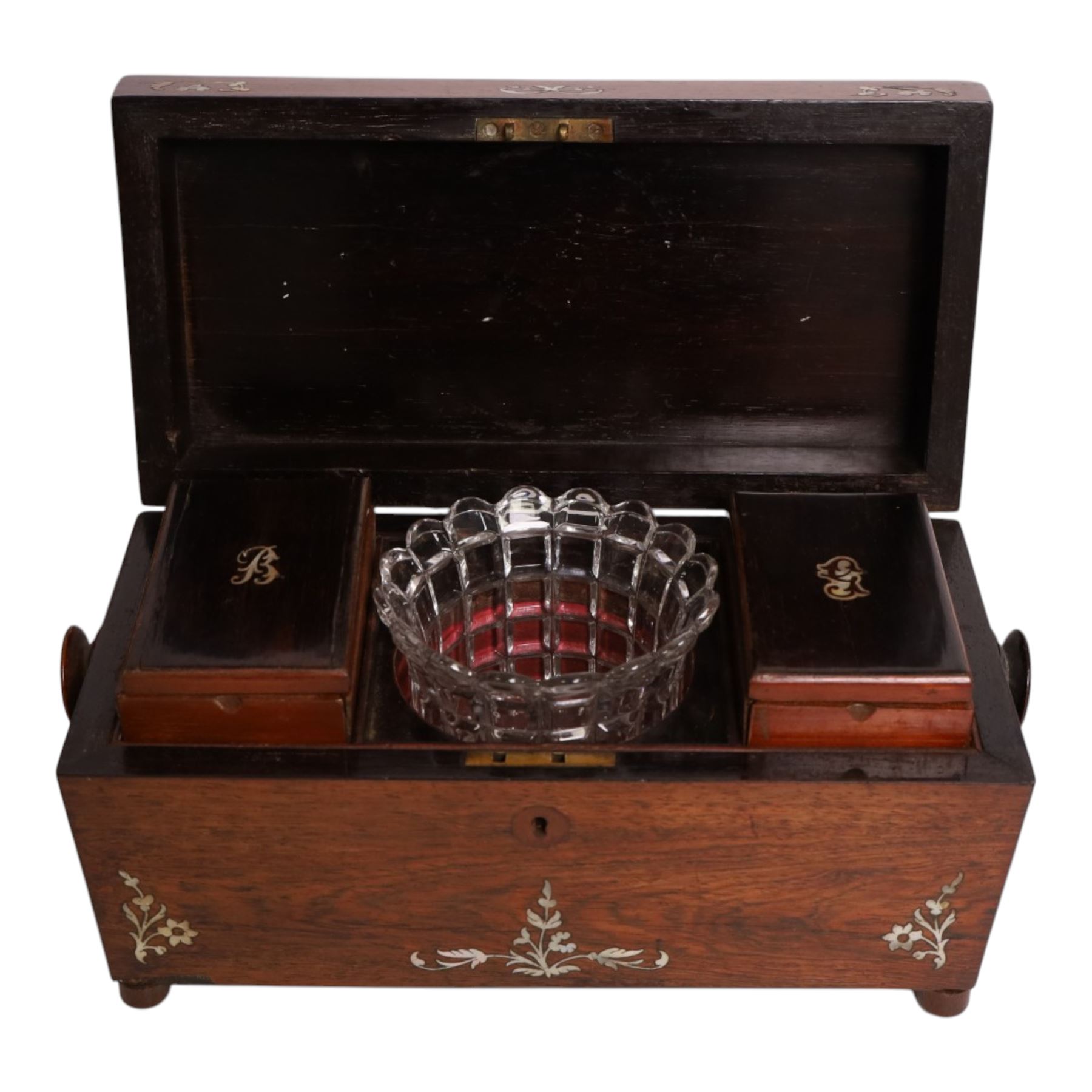 Victorian mother of pearl inlaid rosewood sarcophagus-shaped tea caddy, together with a brass bound writing slope and one other 