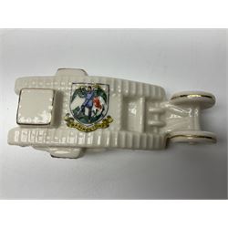 Ten WW1 crested china military models of tanks and field guns; various makers including Goss, Grafton China, Arcadian China, Savoy China etc; various crests including Portsmouth, Brighton, Pendleton, Paignton, Cowes, Flamborough etc (10)