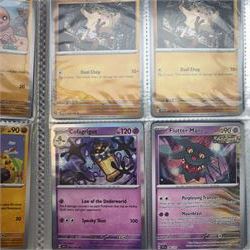 Collection of modern Pokemon TCG trading cards from the Scarlet & Violet and Sword & Shield eras, contained within in two folders, opened packets and loose, together with a graded Sword & Shield Silver Tempest Passiman TG08, GET Graded 9 Mint, two oversized cards, energy cards, vintage booklets and boxes, empty tins, 1998 Electronic Pokédex and other accessories